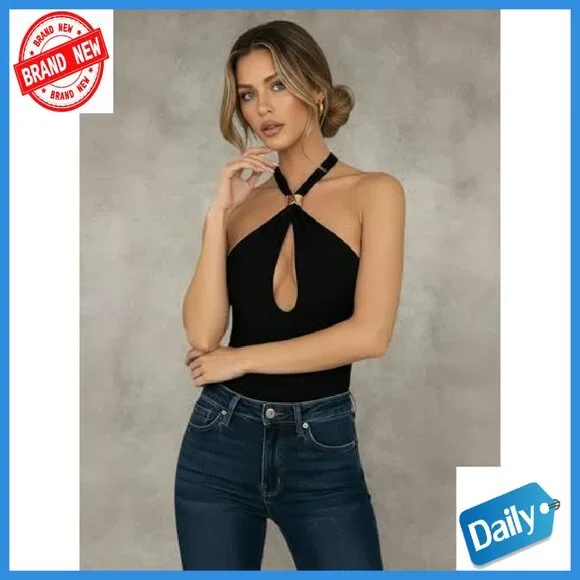 Tie Backless Halter Bodysuit Y2K Cut Out Sleeveless Club Leotard